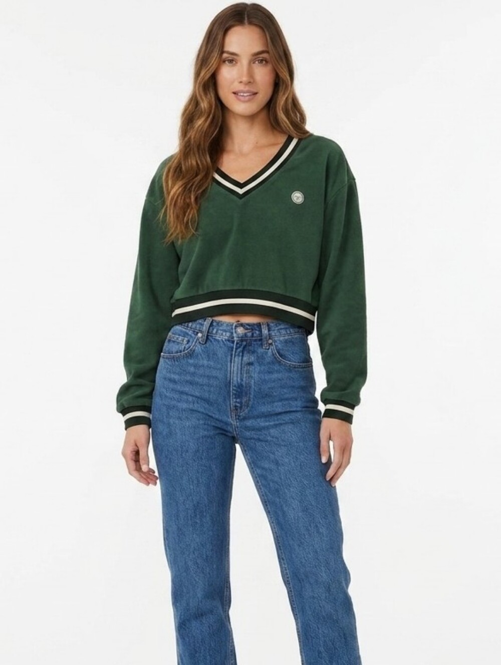 SET Active Varsity Striped Cropped V-neck Logo Sweatshirt In Court Green - M